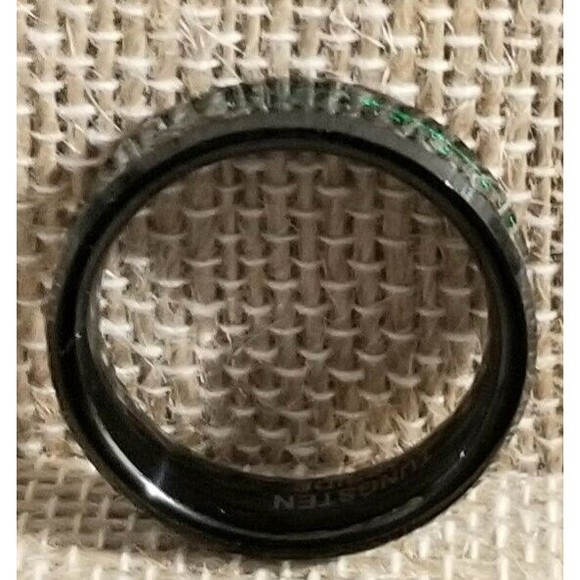 Black Tungsten Steel Band Ring, 7.5 Emerald Colored Inset Beveled Edge, Unisex, - Picture 4 of 5
